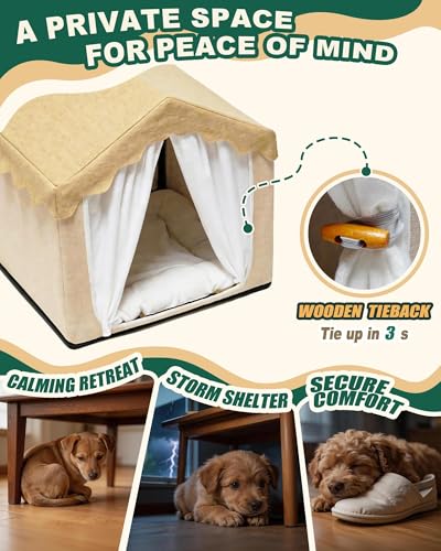Pelemee Indoor Dog House, Breeze Pet Tent with Sturdy Frame & Window, Dog Cave Bed with Washable Cover for Medium-Large Dogs (36-66 lb), 29", Cream