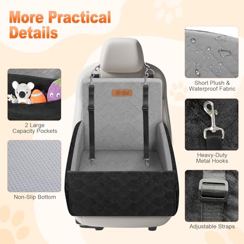 Tivray Elevated Dog Car Seat, Dog Booster Car Seats for Small & Medium Breeds Up to 35lbs, Fully Detachable and Washable, Soft Foam Pet Carseat with 2 Storage Pockets & 3 Safety Belts, Black & Gray