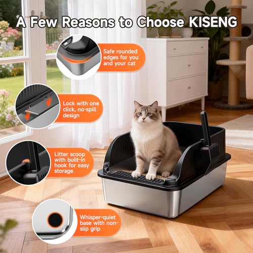 Extra Large Stainless Steel Litter Box with Lid, XL Odor Free Metal Litter Box with High Sides for Big Cats, Open Top Easy Cleaning Kitty Box Anti-Urine Leakage, Non-Sticky, Include Scoop, Black