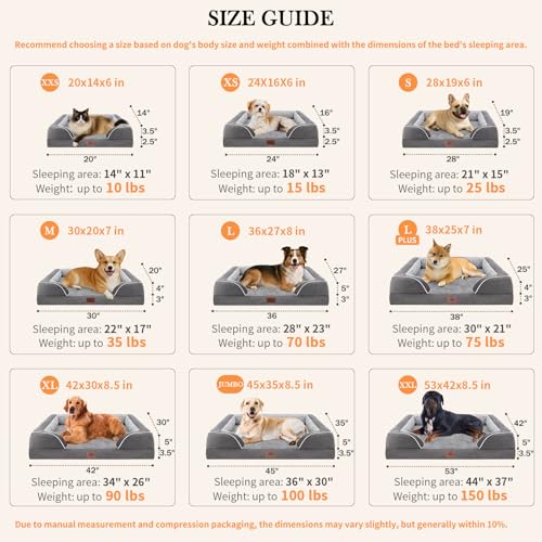 Comfort Expression Orthopedic Dog Bed for Extra Large Dogs 42x30 Inch, Waterproof Egg Crate Foam XL Pet Bed with Removable Bolsters, Dog Couch with Washable Cover & Non-Slip Bottom, Grey