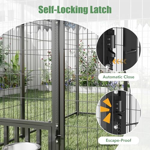JFHID Outdoor Dog Kennel for Yard, 8x8 Medium Steel Chain Link Fence with Roof, Dog Run Enclosure with Feeding Bowl & Self-Locking Latch