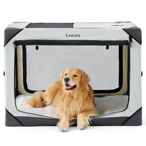 Lesure Collapsible Dog Crate - Portable Travel Kennel for Extra Large Dog, 4-Door Pet Crate with Mesh Windows, Indoor & Outdoor, Light Gray