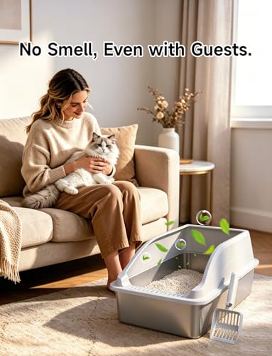 KISENG Stainless Steel Cat Litter Box, Extra Large XL Odor Free Metal Litter Box with High Sides Lid, Open Top Litter Pan Include Scoop Easy Cleaning Kitty Cat Box Anti-Urine Leakage, Non-Sticky