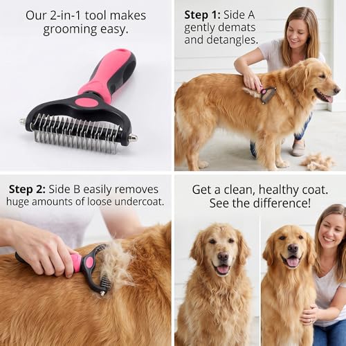 Dematting Comb for Dogs and Cats, Undercoat Rake Pet Brush for Long Hair, Deshedding Dog Brush Removes Tangles Knots and Loose Fur, Grooming Tool for Thick Coats (Blue M+L)