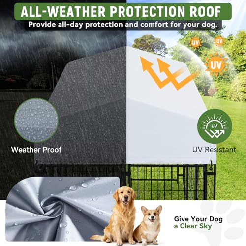 Oranland 7.8x4x5FT Outdoor Dog Kennel for Small/Medium Dogs, Welded Wire Outside Dog Pen, Anti-Rust Dog Run with Secure Lock, UV-Resistant Waterproof Roof & Swivel Stainless Steel Feeding Bowls