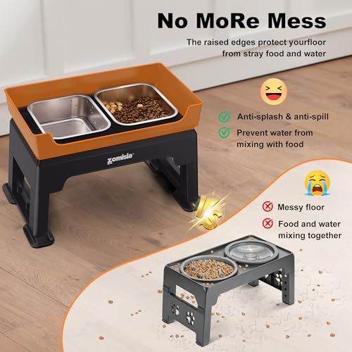 ZOMISIA 3-in-1 Elevated Dog Bowls - 6 Height Adjustable Raised Dog Bowl Stand, Double Deck Design Mess Proof, Feeding Station with 2 Stainless Steel Bowls & Licking Plate for Small Medium Large Pets