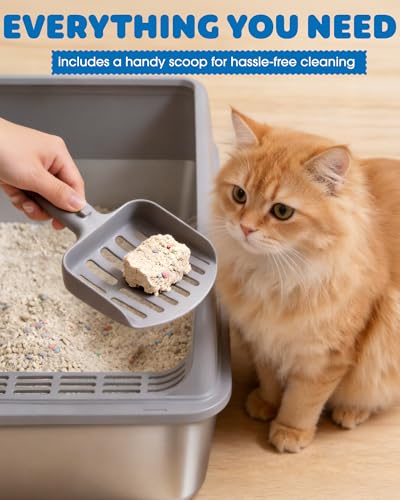 Powools Stainless Steel Cat Litter Box, Metal Litter Box with Scoop, High- Sided, Anti-Leakage Top Entry, Non-Sticky, Easy to Clean, Grey, M (1 Pack)