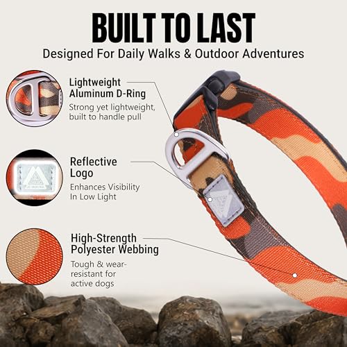 JC HOUSE Soft Padded Dog Collar, Neck 12’’-20’’, Adjustable Heavy Duty Collar with 3M Reflective Logo for Medium, Large Dogs, Camo Orange, M