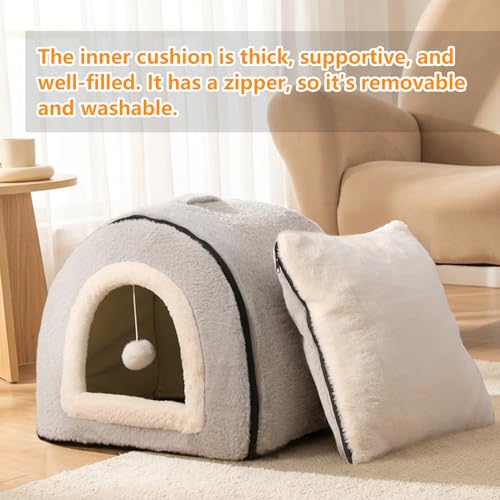 OMIVIER Cat Bed for Indoor Cats，Foldable cat cave，Anti-Slip & Water-Resistant Bottom，cat Houses for Indoor Cats or Small Dogs, Kitten Tent, Rabbit Bed，2 in 1 pet Bed (Grey)