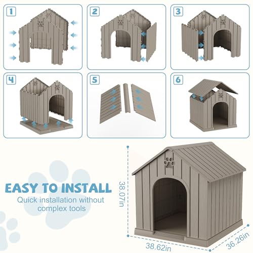 EFU Large Dog House Outdoor Indoor, Waterproof Dog House with Air Vents and Elevated Floor, Weatherproof Dog Kennel for Small - Large Dogs, Durable Pet Shelter for Patio Yard Porch, Grey