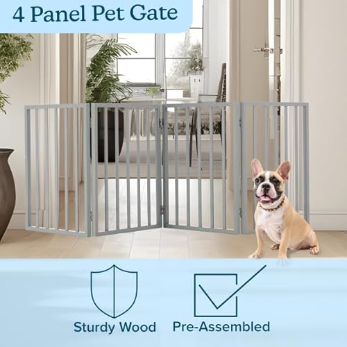 Pet Gate - 4-Panel Indoor Foldable Dog Fence for Stairs, Hallways, or Doorways - 72x24-Inch Retractable Wood Freestanding Dog Gates by PETMAKER (Gray)