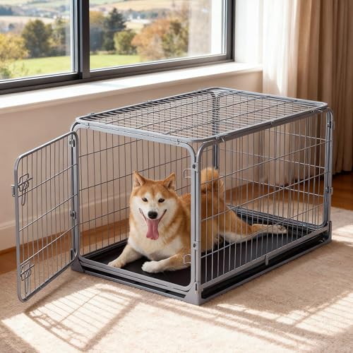 ZOMISIA Collapsible Dog Crate for Medium Dogs - 36 inch Escape Proof Metal Dog Kennel with Double Door, Easy Assembly Foldable Dog Cage with Removable Tray, Indoor Outdoor Use, Silver Gray