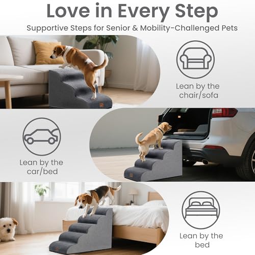 GoGoBunny Ramp Dog Stairs for Couch Sofa and Chair 15.7" H, 3-Step Pet Steps for Small Dogs and Cats, Non-Slip Waterproof Fabric Cover, Stable and Balanced Indoor Step, Pets Friendly, Grey