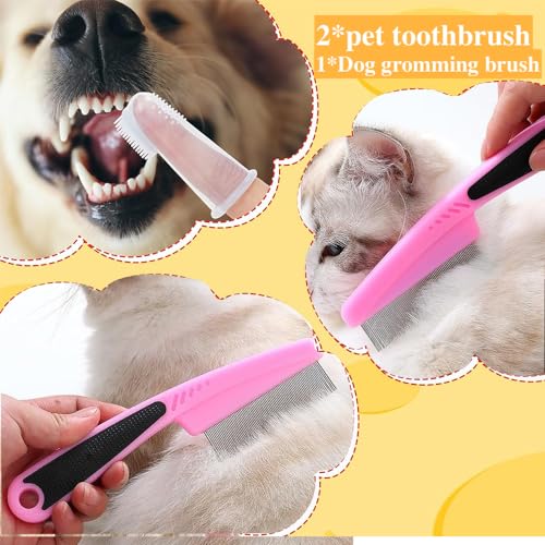 Qubccum 7 Pcs Cat Dog Brush Grooming Kits, Self-Cleaning Slicker Brush, Pet Nail Clipper and File, Flea Comb, Pet Shampoo Bath Brush, Pet Finger Toothbrush, Storage Bag (Pink)