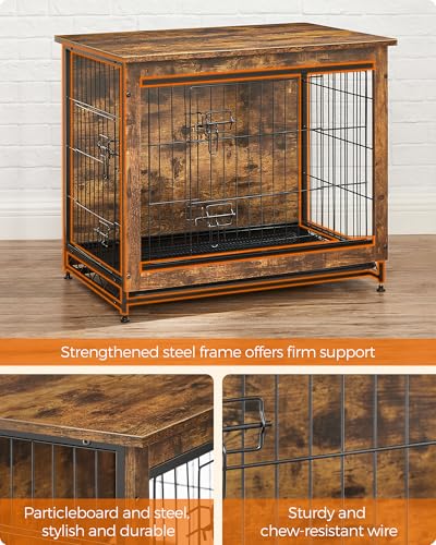 Feandrea 27.2" Dog Crate Furniture, Indoor Dog Cage Side End Table, M Pet Wood Kennel for Medium and Small Dogs up to 30 lb with Multi-Purpose Removable Tray, Double-Door Pet House, Rustic Brown
