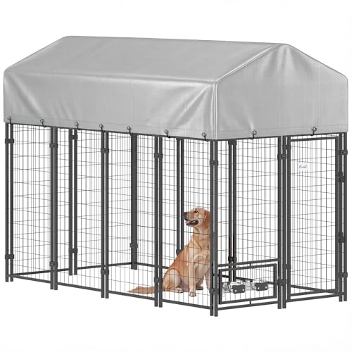 PawHut 8' x 4' x 6' Outdoor Dog Kennel, Welded Wire Dog Kennel Outside Run with 360° Rotating Bowls, Waterproof & UV Resistant Cover, for S&M&L Breeds, Chickens, Ducks, Silver