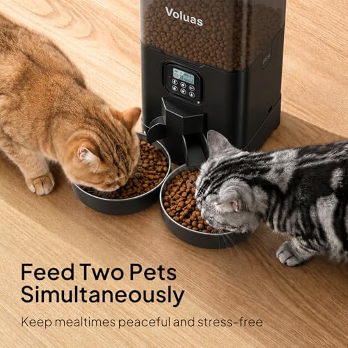 Voluas Automatic Cat Feeder for Two Cats, Double Pet Feeder with 2 Stainless Steel Bowls,6L Timed Cat Feeders with Memory Function