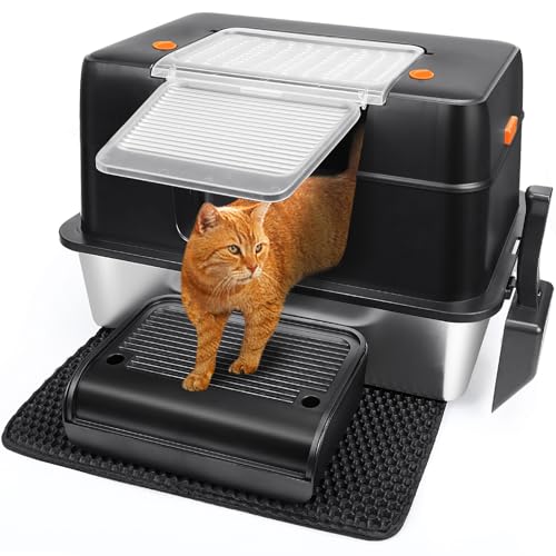 Vivifying Stainless Steel Litter Box, XL Side Entry Extra Large Litter Box with Lid for Big Cats & Kitty, Removable Enclosed Metal Cat Pan with High Sided Enclosure, Scoop (Black)