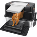 Vivifying Stainless Steel Litter Box, XL Side Entry Extra Large Litter Box with Lid for Big Cats & Kitty, Removable Enclosed Metal Cat Pan with High Sided Enclosure, Scoop (Black)