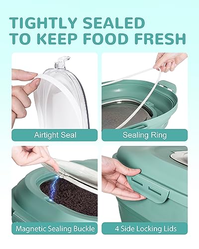DDMOMMY 30-35 Lbs Dog Food Storage Container Collapsible Dog Food Container with Airtight Lids, Wheels, Scoop and 2pcs Food Storage Containers, Large Pet food storage for Dog, Cat (Green)