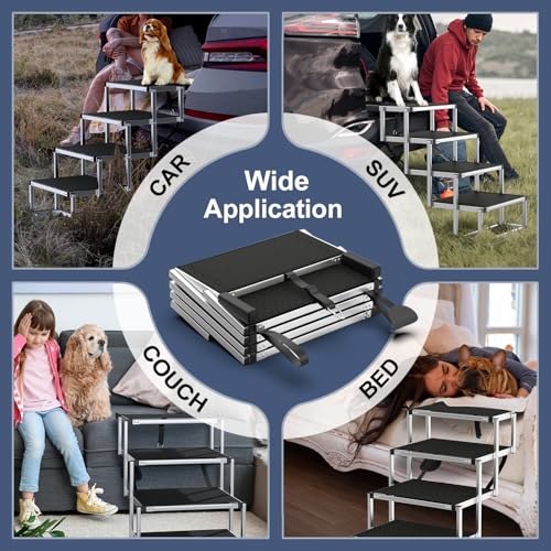 PetRuna Extra Wide Dog Stairs for Large Dogs, Foldable Dog Ramp for Car with Non-Slip Surface, Dogs Stairs for Cars, High Beds, Truck, Supports up to 250 lbs, 4 Steps