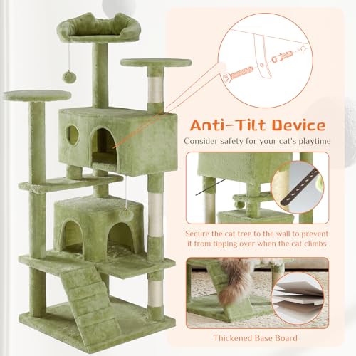 Sweetcrispy 54 Inch Cats Tree Tower, Multi-Level with Cat Scratching Post, Indoor Cat Condo with Climbing Ladder, Plush Toy, Play House for Cats, Green