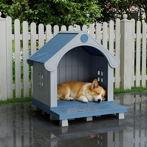 COZIWOW Large Dog House Outdoor Waterproof Plastic Pet Shelter with Porch, All-Weather Insulated Dog Kennel for Medium to Large Dogs, Easy Assembly, 36.6”L x 34.3”W x 37.8”H