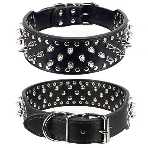 Hoot PU Leather Adjustable Spiked Studded Dog Collar 2" Wide 43 Spikes (L(Neck 21"-24"), Black)