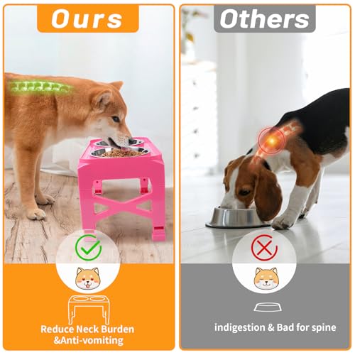 Hubulk Elevated Dog Bowls with 2 Stainless Steel Dog Food & Water Raised Bowls with No Spill Edge Non-Slip Stand Adjusts to 3 Heights(2.75", 6.0", 7.5") for Small Medium Dogs and Pet
