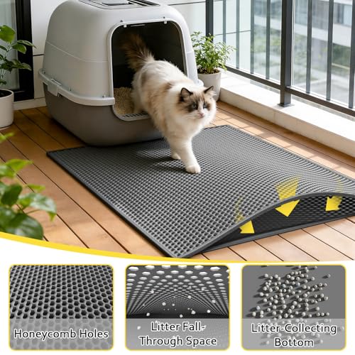 Kaxionage Cat Litter Mat, 30"X24" Large Double Layer Litter Trapping Mat, Waterproof/Urineproof, Easy to Clean Kitty Litter Mats for Floor, Scatter Control (Grey-1Pack)