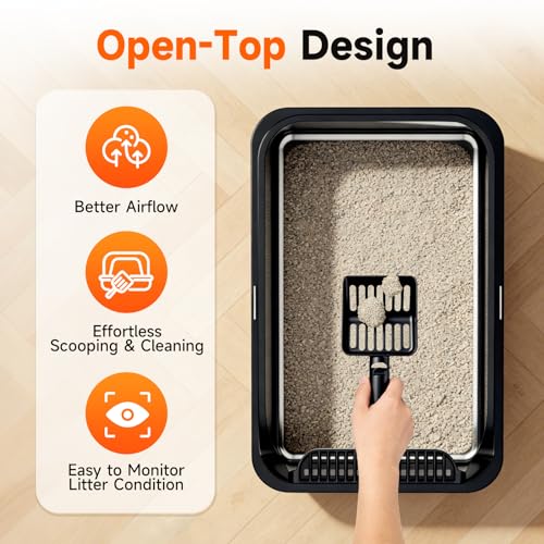 Extra Large Stainless Steel Litter Box with Lid, XL Odor Free Metal Litter Box with High Sides for Big Cats, Open Top Easy Cleaning Kitty Box Anti-Urine Leakage, Non-Sticky, Include Scoop, Black