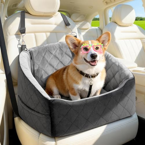 KANGREST Dog Car Seat for Small Dogs Up to 30 Lbs, Pet Travel Safety Bed for Puppy Cat, Fits in Front/Back Seat, Anti Slip Base, Fully Detachable Washable with 2 Safety Tether(Grey-Black)