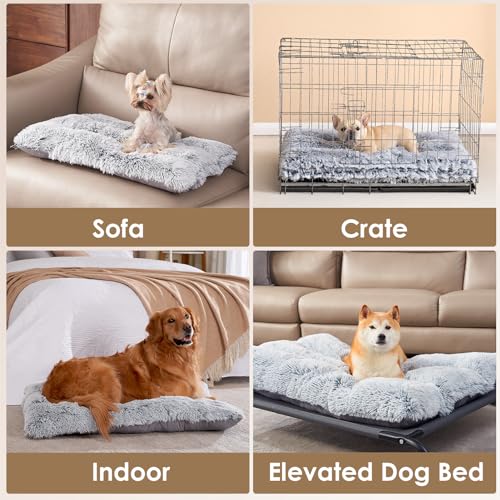EHEYCIGA Fluffy Dog Crate Bed for Extra Large Dogs, Plush Faux Fur Pad, Calming Anti Anxiety XL Bed for Crate, Washable Soft Warm Dog Mat with Non-Slip Bottom, Grey