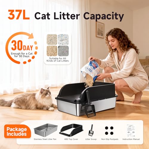 Extra Large Stainless Steel Litter Box with Lid, XL Odor Free Metal Litter Box with High Sides for Big Cats, Open Top Easy Cleaning Kitty Box Anti-Urine Leakage, Non-Sticky, Include Scoop, Black