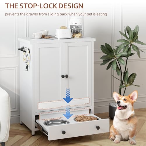 Dog Feeding Station with Storage, Metal Dog Food Storage Cabinet with 2 Elevated Bowls and 3 Hooks, Pet Feeding Station and Dogs Food Storage Organizer, White