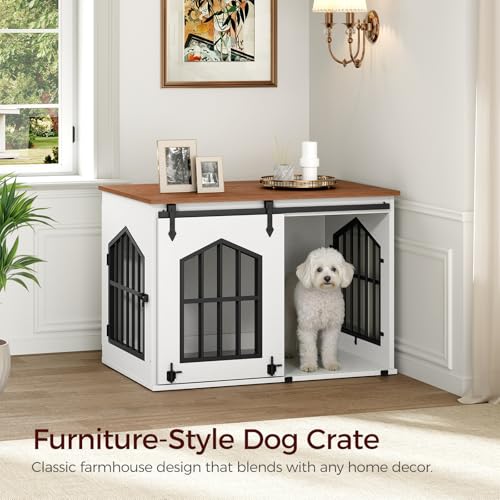 MAHANCRIS Dog Crate Furniture, 31.5" Farmhouse Dog Kennel with Sliding Barn Door, Wooden Dog Cage for Small Medium Dogs, Decorative Pet House Side End Table, Chew-Resistant, White and Walnut DCBA9601