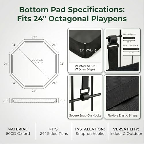 PJYuCien Octagonal Dog Playpen with Bottom Pad - Metal Foldable Exercise Pen, 8 Panels 24" H x 24" W Indoor Outdoor Pet Fence Puppy Crate Kennel, Black
