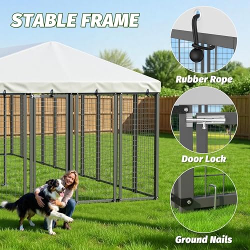 20x10 FT Outdoor Dog Kennel with Waterproof Roof, Heavy Duty Dog Enclosures with Galvanized Welded Wire Steel & Dual Safety Lock