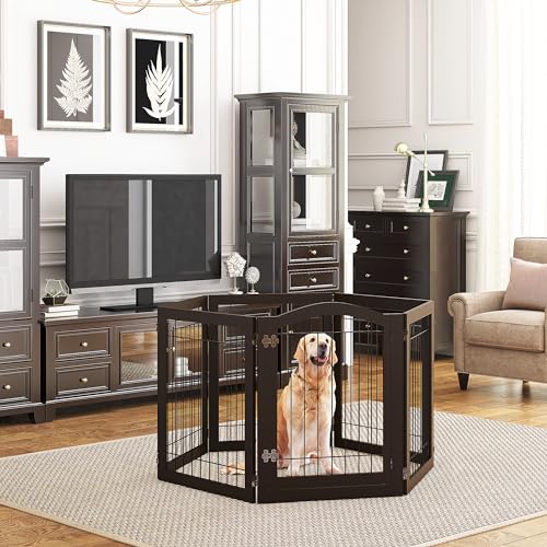 PAWLAND 144-inch Extra Wide 30-inches Tall Dog gate with Door Walk Through, Freestanding Wire Pet Gate for The House, Doorway, Stairs, Pet Puppy Safety Fence, Support Feet Included, Espresso,6 Panels