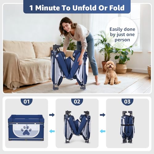 LOOBANI Foldable Dog Playpen with Cover: 1 Min Setup Pet Puppy Playpen Indoor, Sturdy Reinforced Steel/Iron Frame Dog Fence, Portable Whelping Box for Home Dog Cat Rabbit-43.3"x43.3"x27.1"│Patented