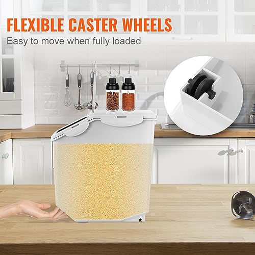 VEVOR Ingredient Storage Bin, 2 x 15L Dispenser Bin with 2 Measuring Cups, Attachable Casters and Airtight Lid, 2 Pcs/Set Dog Pet Food Storage Container, PP Material Kitchen Rice Cereal Flour Bin