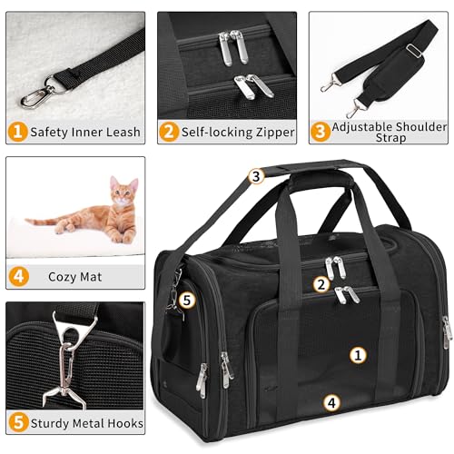 Soft-Sided Cat/Dog/Pet Carrier, Collapsible Pets Travel Carriers for Big Cats/Small Dogs with Shoulder Strap & Removable Mat, Mesh Puppy Carry Bag, Up to 16 Lbs, TSA Airline Approved(Black)