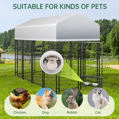 Outside Large Dog Kennel with roof, Heavy Duty Dog Enclosurewith Waterproof, 2 Rotating Dogs Bowls, Outdoor Dogs CageRun with Secure Lock (8x4x6 FT)