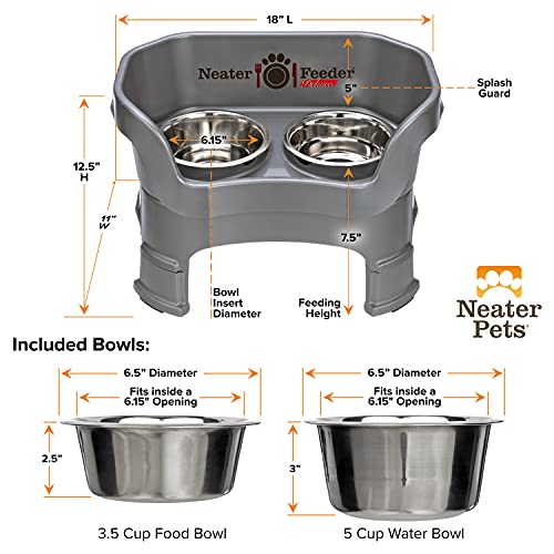 Neater Feeder Deluxe Mess-Proof Elevated Dog Bowls for Medium Dogs (19–40 lbs), 2 Height Adjustable (10” & 12.5”) No-Spill Raised Dog Bowl Stand, Stainless Steel Food Bowl Set, Made in USA, Gunmetal