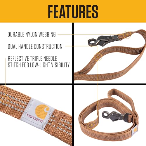 Carhartt Dual Handle Dog Leash, Durable Nylon Webbing Fabric W/Secure Metal Trigger Claw Clasp, Carhartt Brown, Large