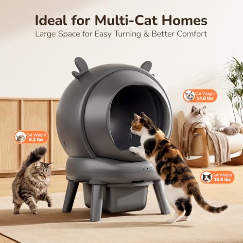 FurryKiddy Automatic Self Cleaning Litter Box, Cat Litter Box with APP Control, 65L Globe & Dual Safety Sensors, Robot Litter Box, 1 Roll Garbage Bags and Litter Mat, <35DB, for Multiple Cats, Grey