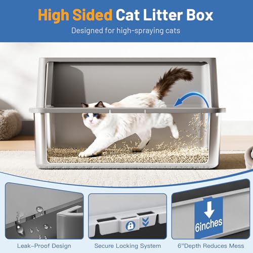 Jotesnew 2 Pack XL Stainless Steel Cat Litter Box with Lid and High Sides, 24" L x 16" W x 12" H Extra Large Metal Cat Litter Boxes for Big Cats, Leak-Proof, Non-Stick, Odor-Resistant, Includes Scoop