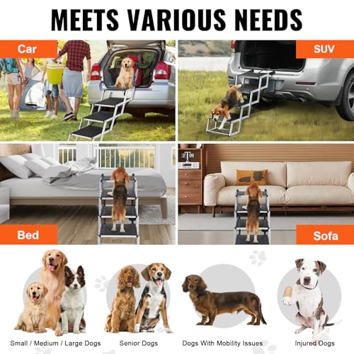 VEVOR 4-Step Dog Car Steps, Folding Dog Ramp with Nonslip Surface, Portable Pet Steps in Aluminum for Car, SUV and Truck, Supports up to 250 lbs