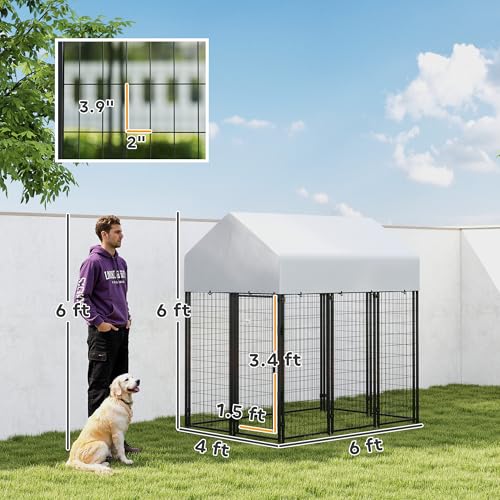 PawHut Outdoor Dog Kennel with Roof, 6' x 4' x 6' Heavy Duty Welded Wire Dog Playpen Enclosure with Escape-Proof Lock, UV-Resistant & Waterproof Cover, for Large Dogs, Chickens, Ducks, Silver