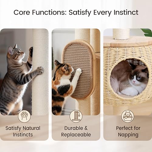 Modern Cat Tree，Cat Tower with Scratching Post, Handwoven Pumpkin Nests and Baskets,Sisal Blanket